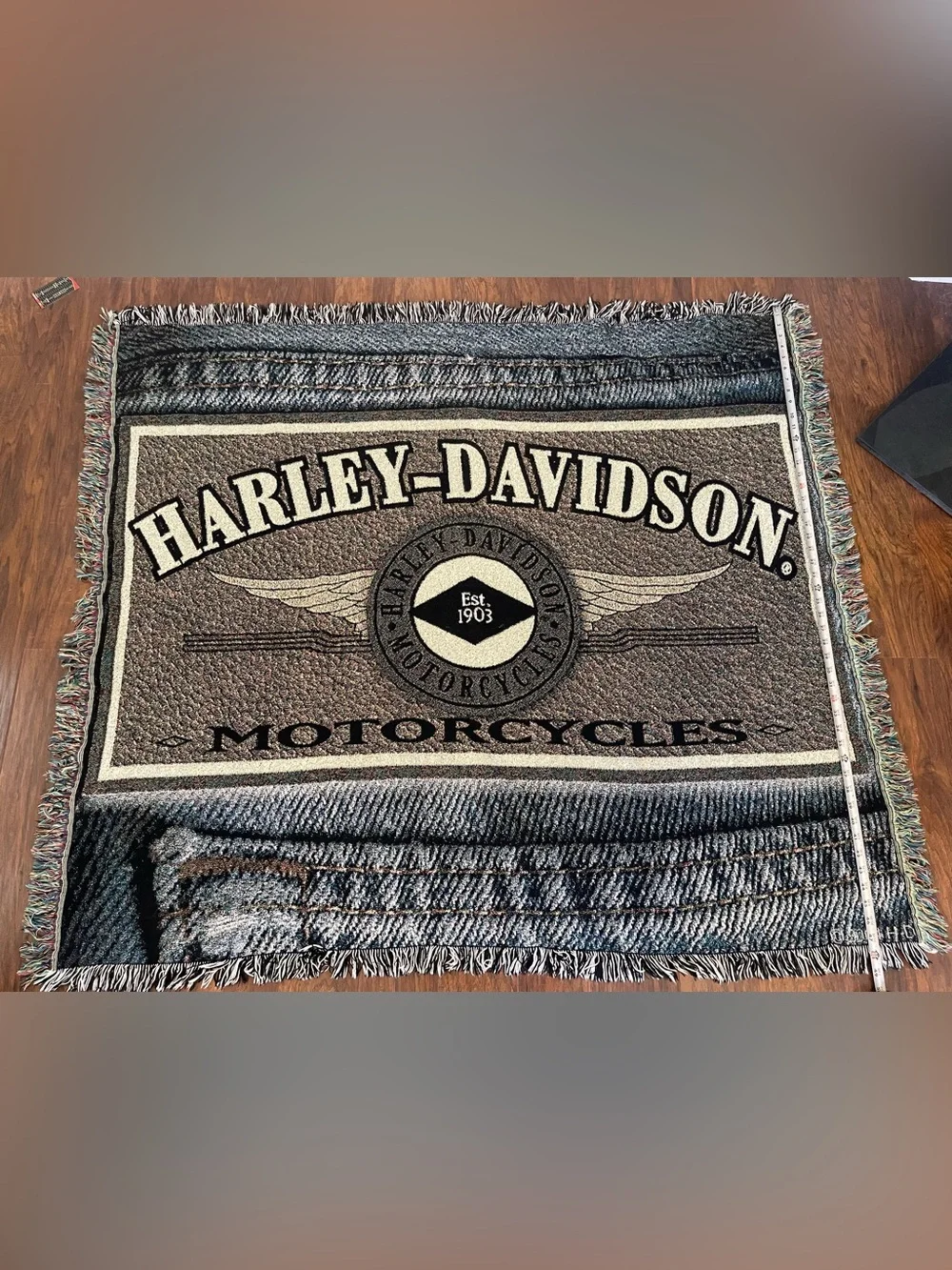 Harley Davidson Tapestry Woven Throw Blanket 2004 HD Logo Patch on Denim 48x54